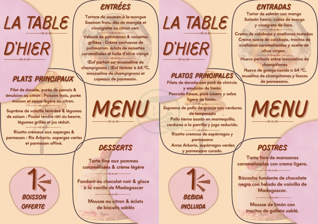Réalisation d'une carte de menu en français et en espagnol