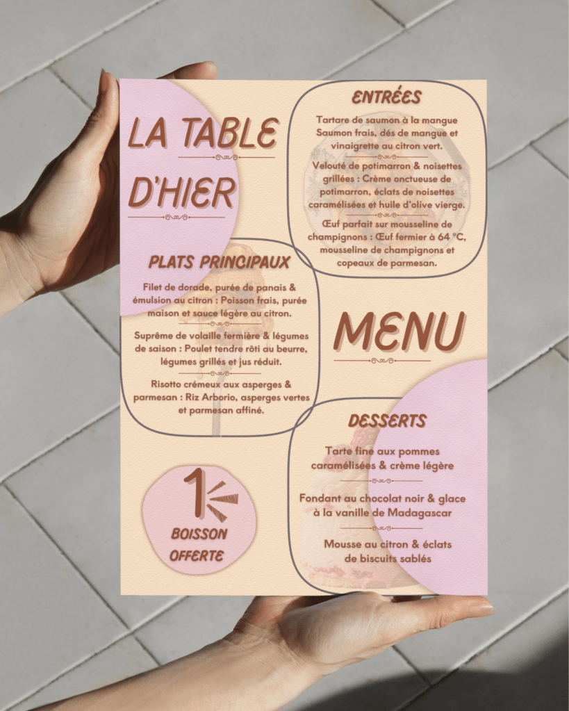 Carte menu du restaurant : La table d'hier.