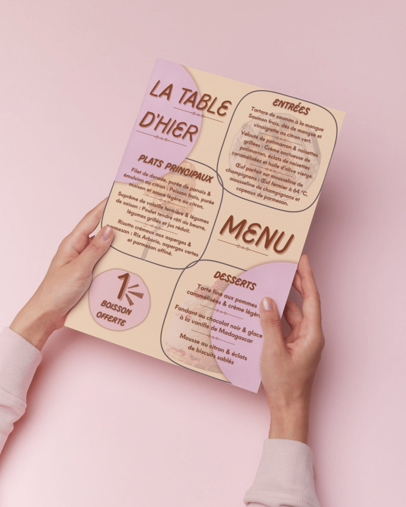 Création de cartes de menu, menu restaurant, carte burger et autres supports de communication pour les micro-entrepreneurs et les petites entreprises.